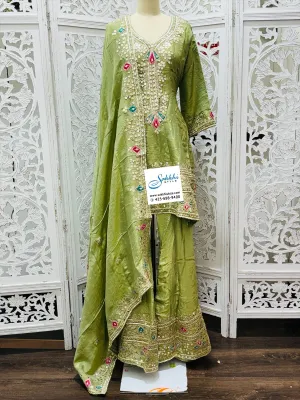 GREEN COLOURED PARTY WEAR SHARARA SUIT SET