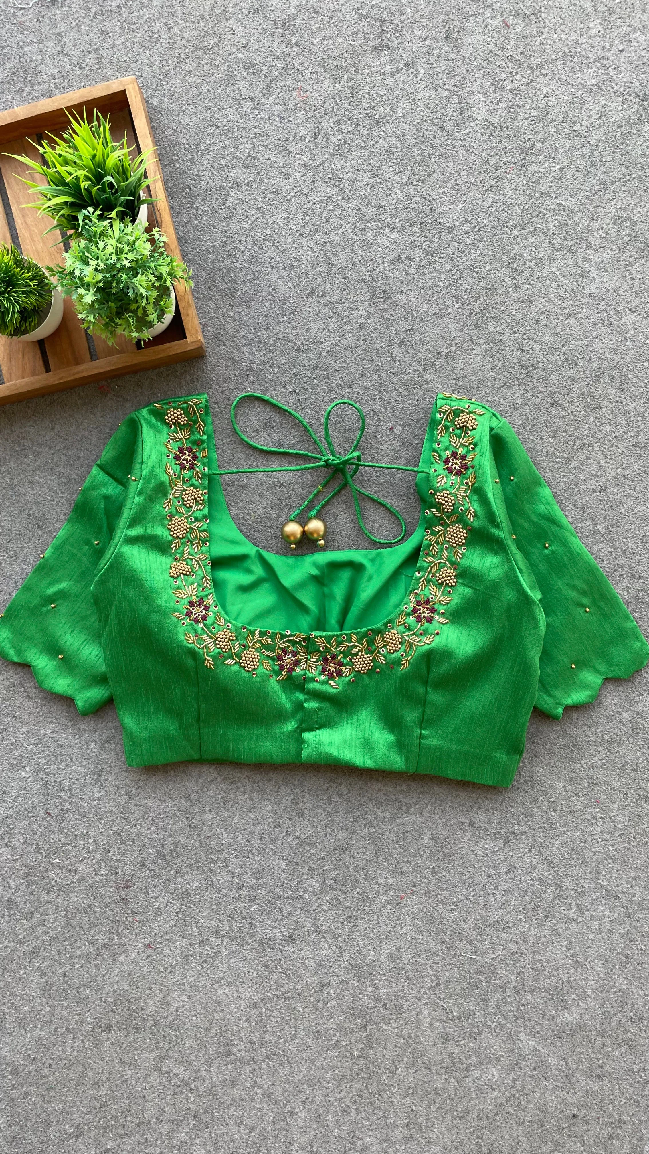 Green silk hand worked blouse