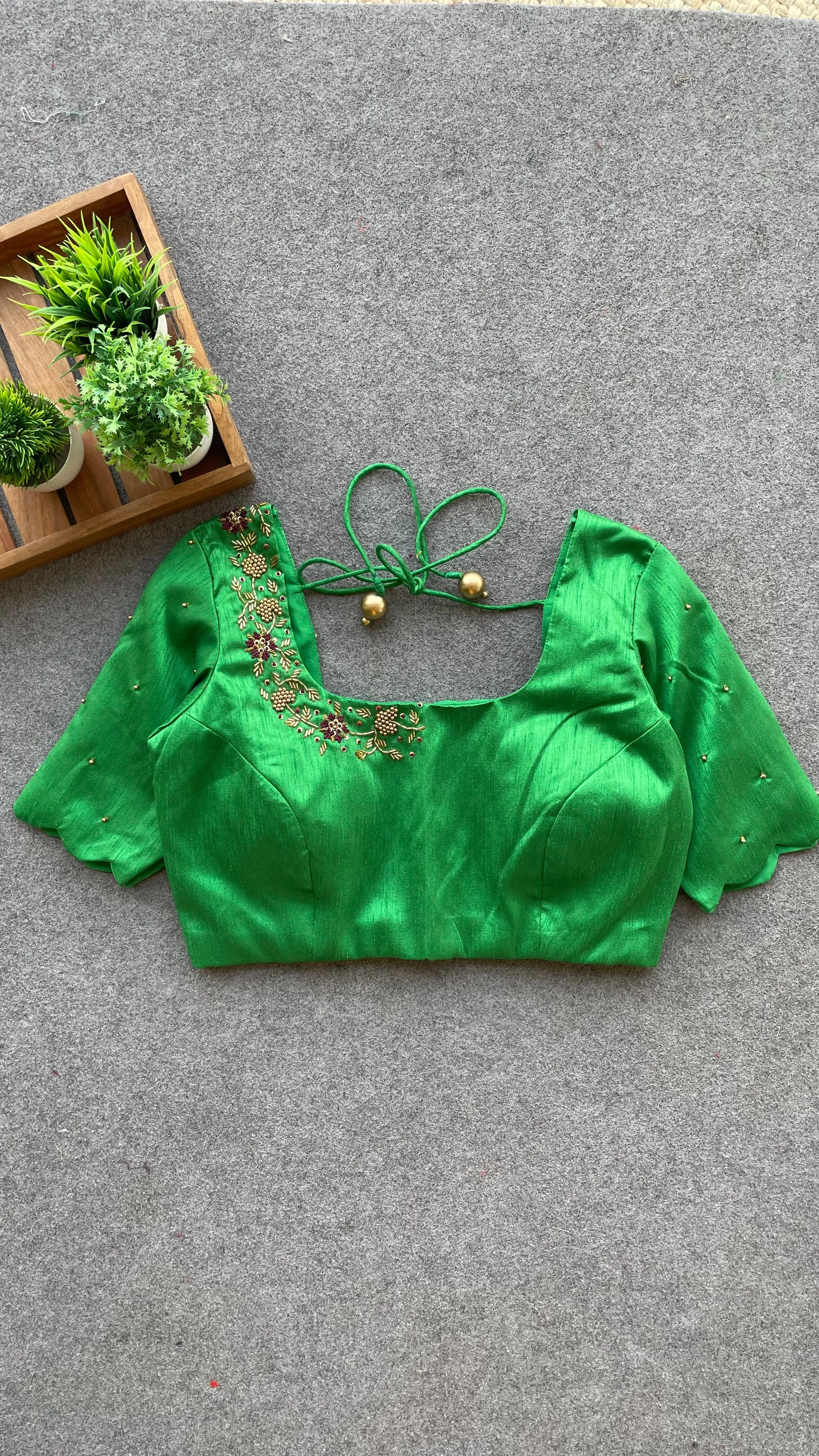 Green silk hand worked blouse