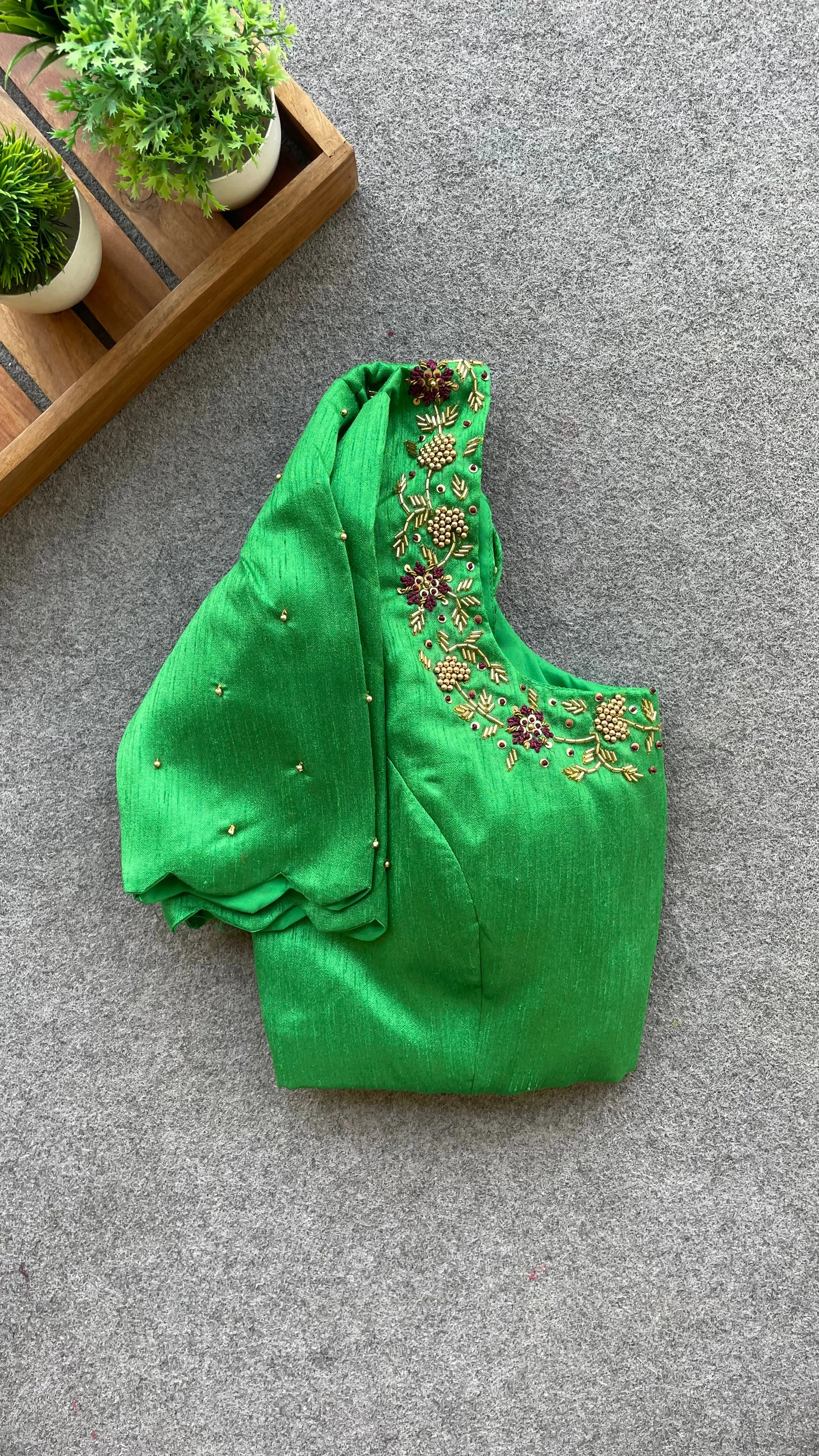 Green silk hand worked blouse