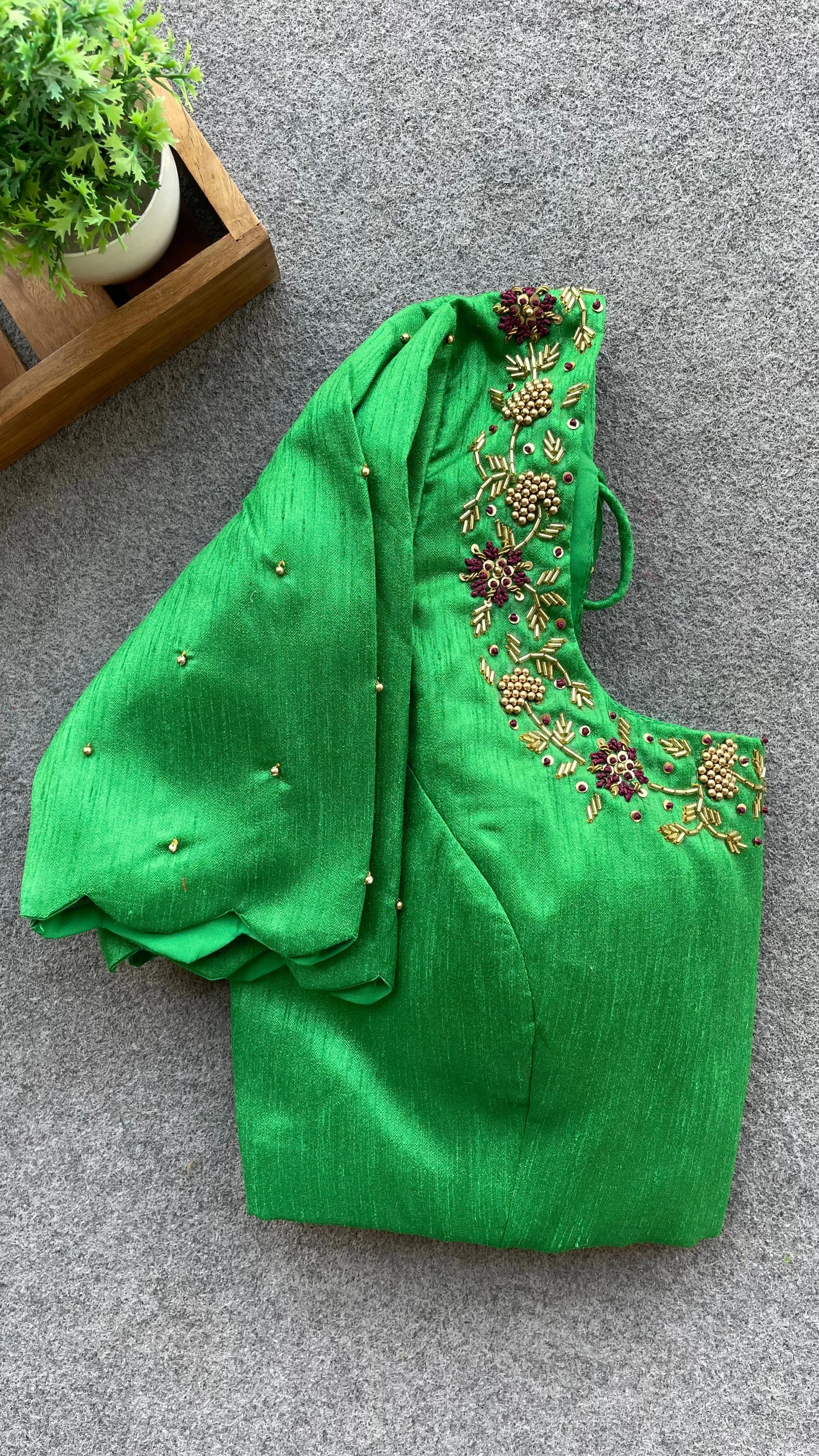 Green silk hand worked blouse