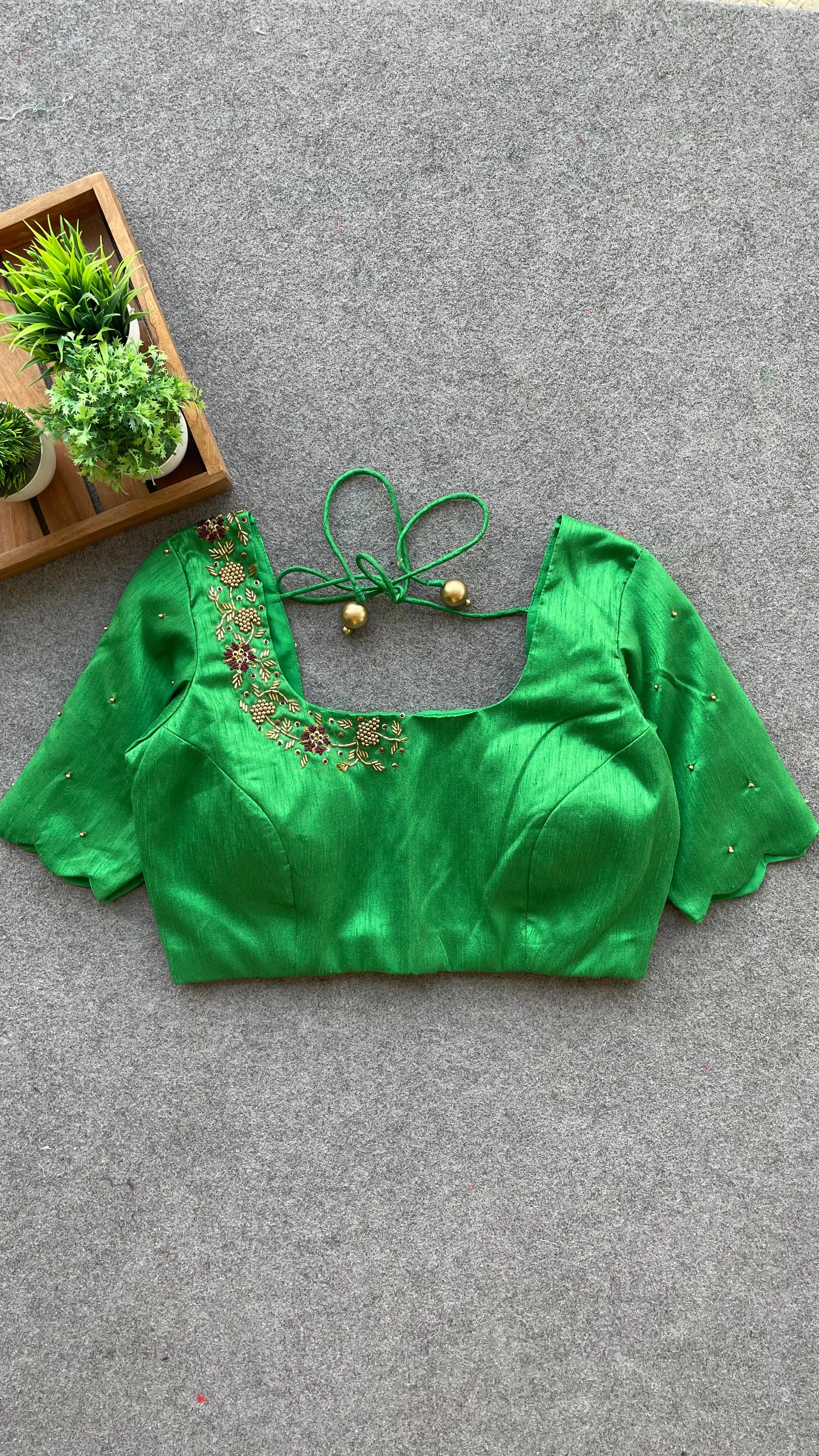 Green silk hand worked blouse