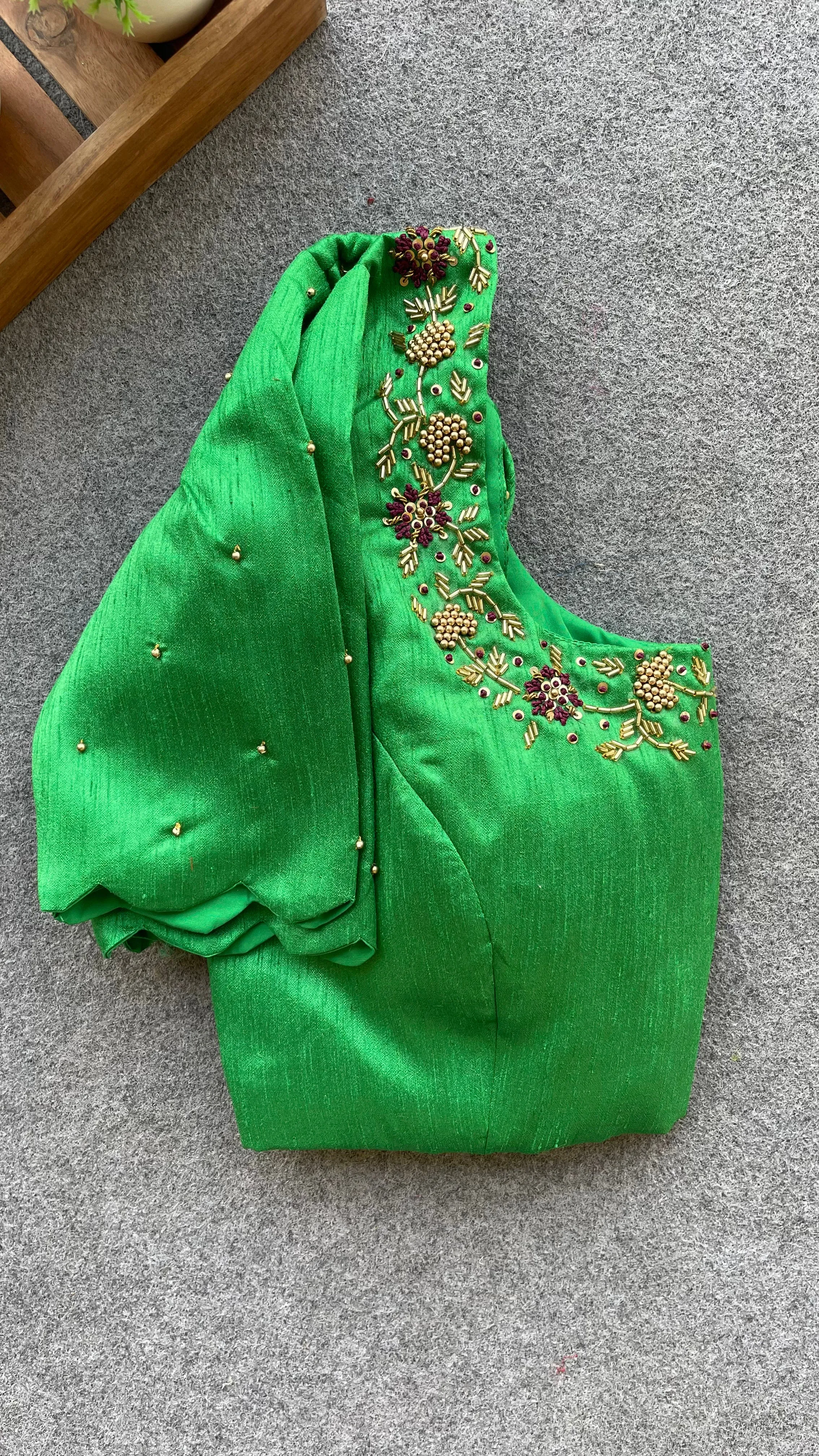 Green silk hand worked blouse