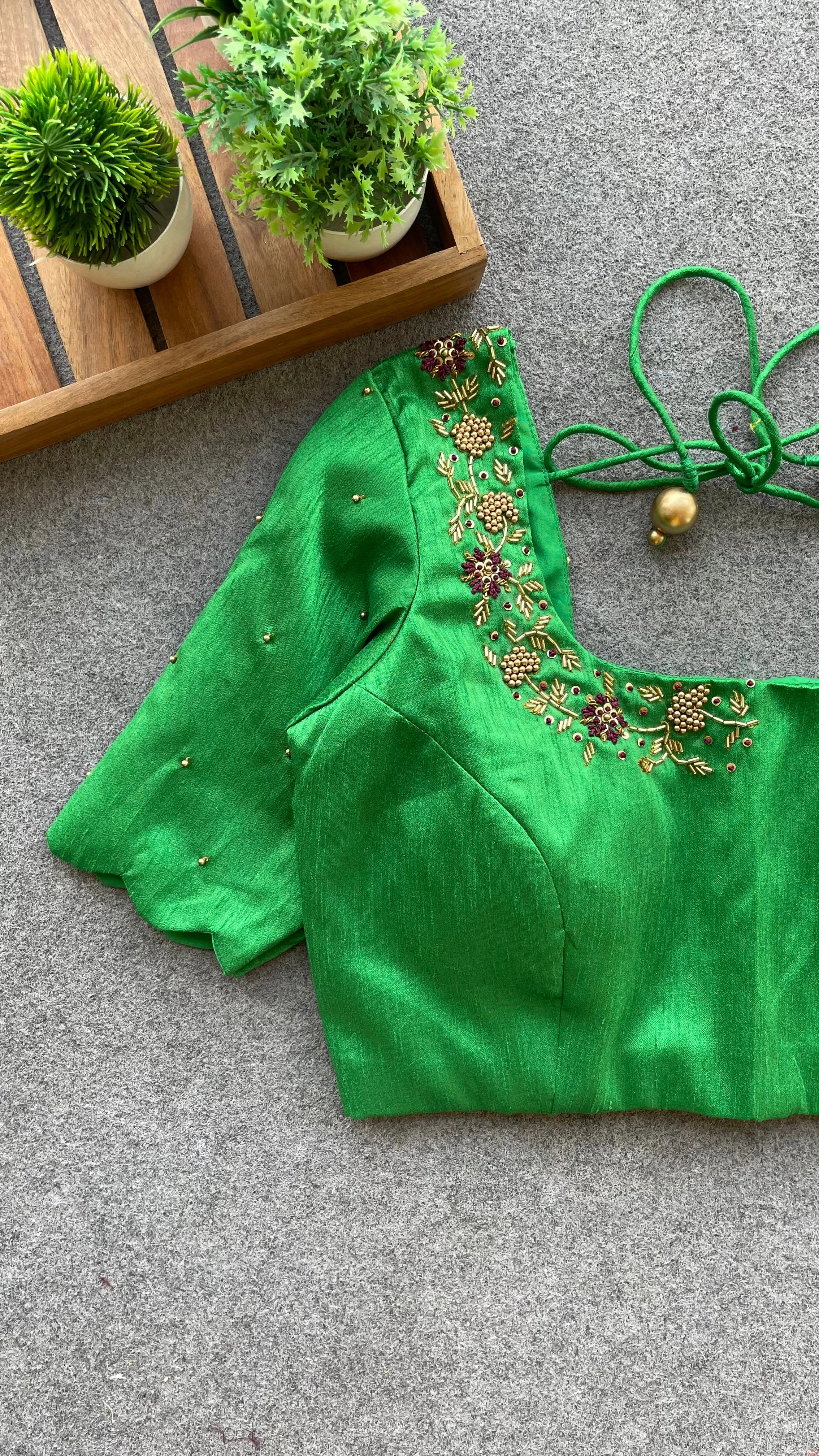 Green silk hand worked blouse