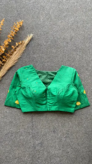 Green silk intricate floral hand work blouse