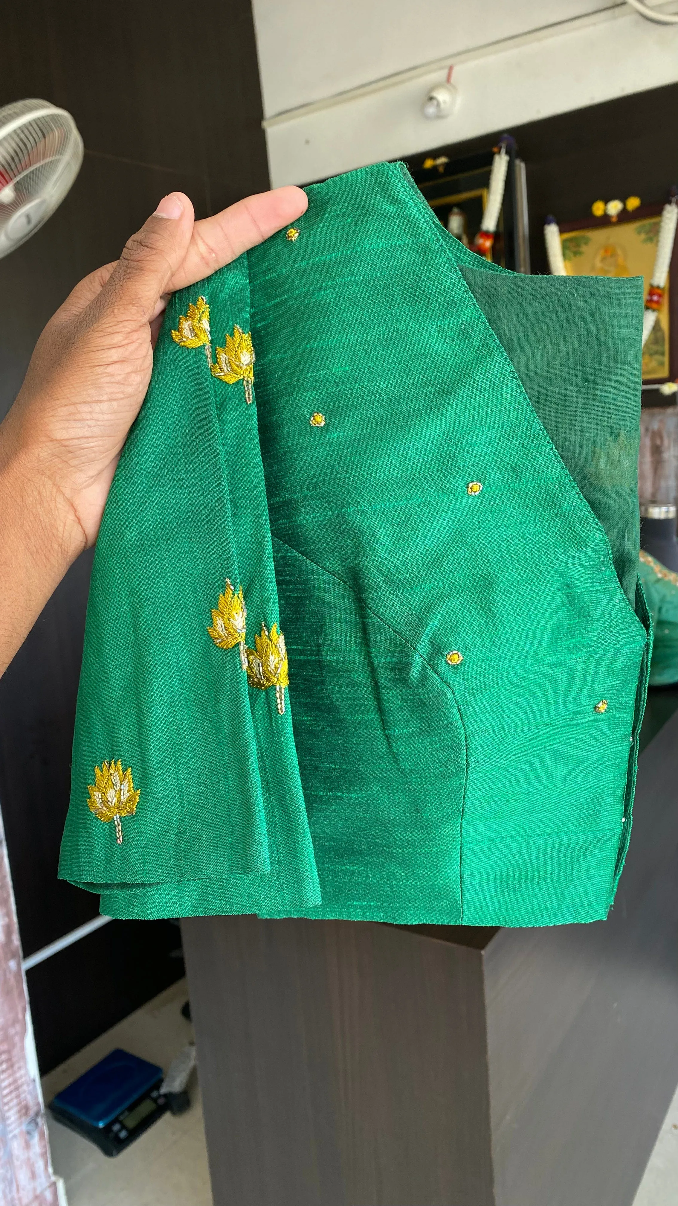 Green silk intricate floral hand work blouse