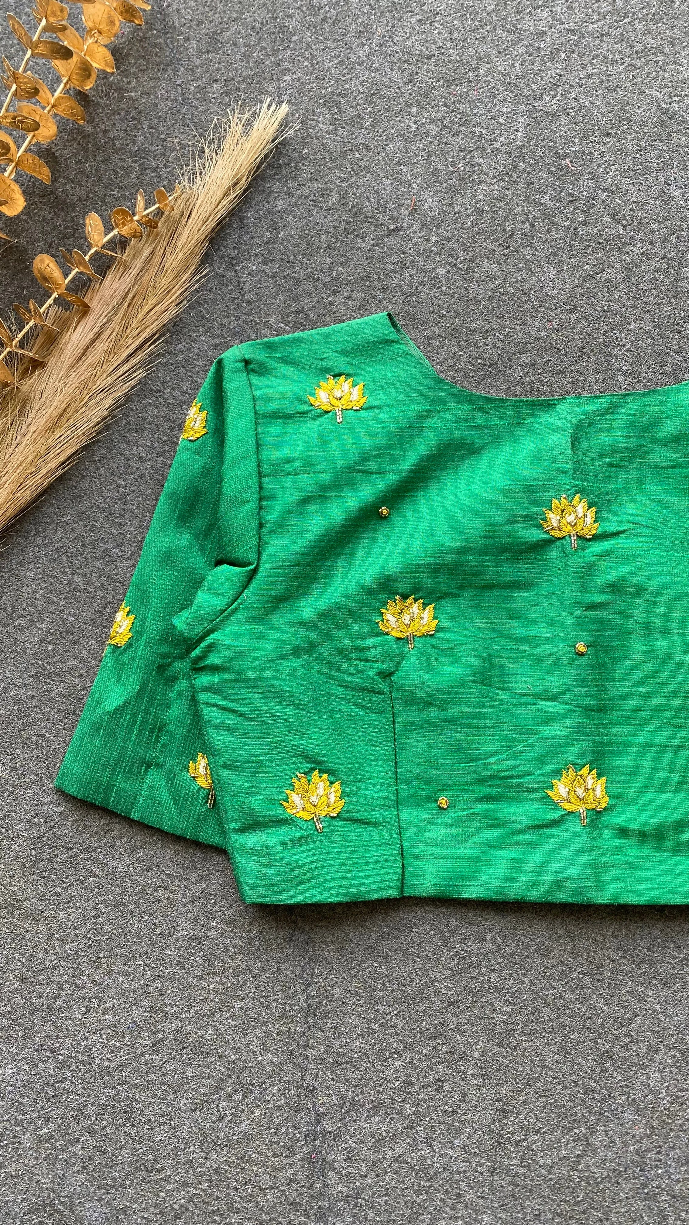 Green silk intricate floral hand work blouse