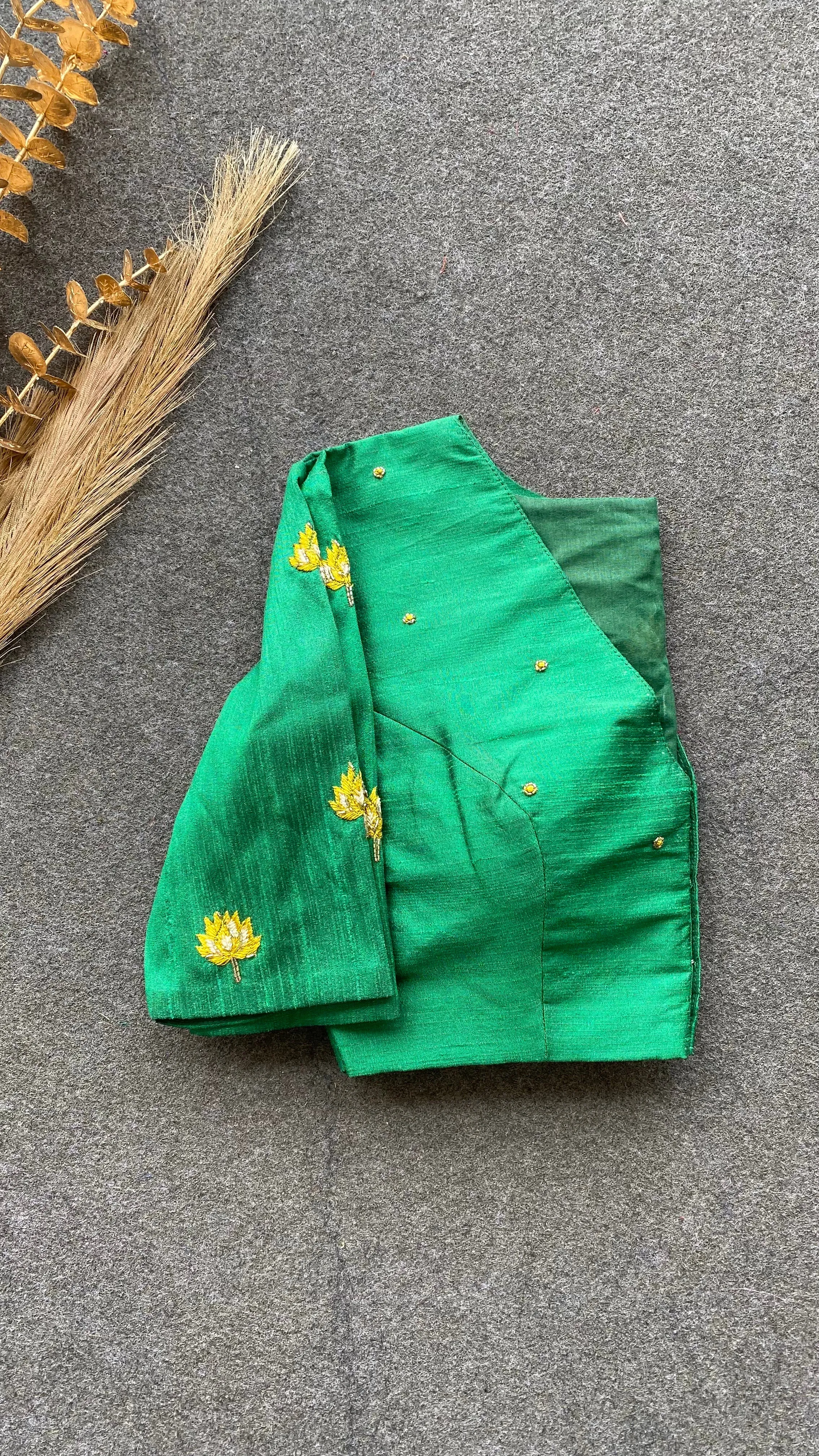 Green silk intricate floral hand work blouse