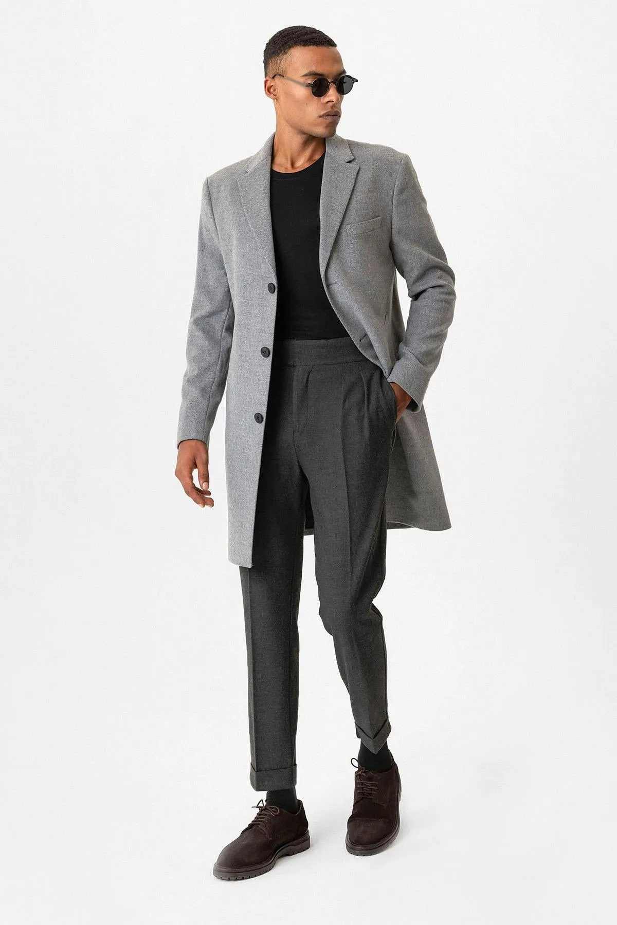 Grey Slim Fit Notch Lapel Men's Coat - Wessi