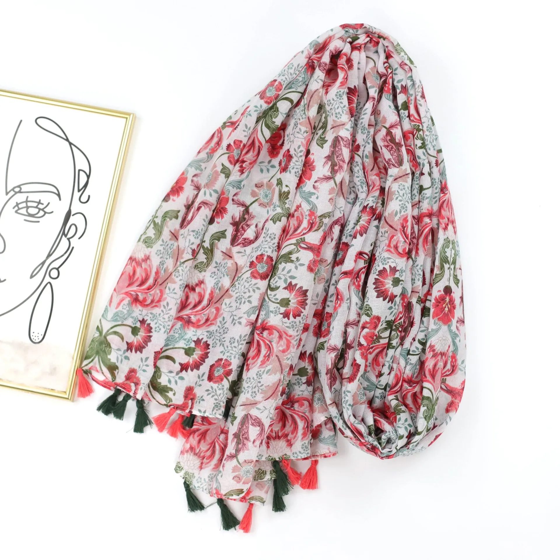 JY230514 Small red flower printed Encryption voile scarf