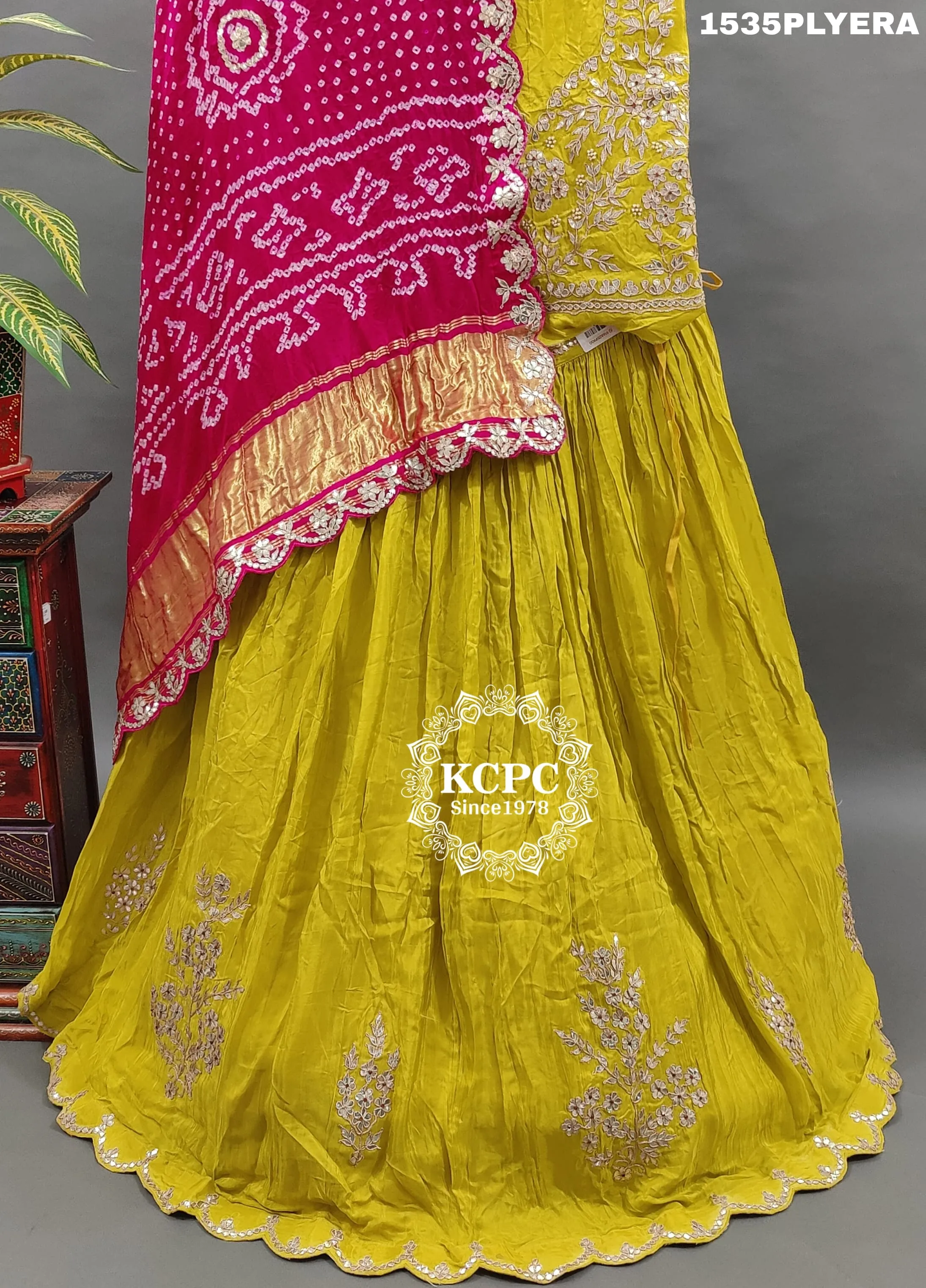 KcPc New Designer Pure Gaji Silk lehenga with Bandhani Heavy Gotapatti work Dupatta   RGC