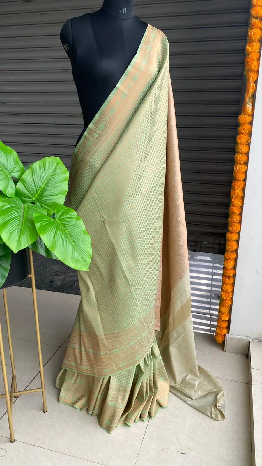 Light green and peach silk saree with blouse