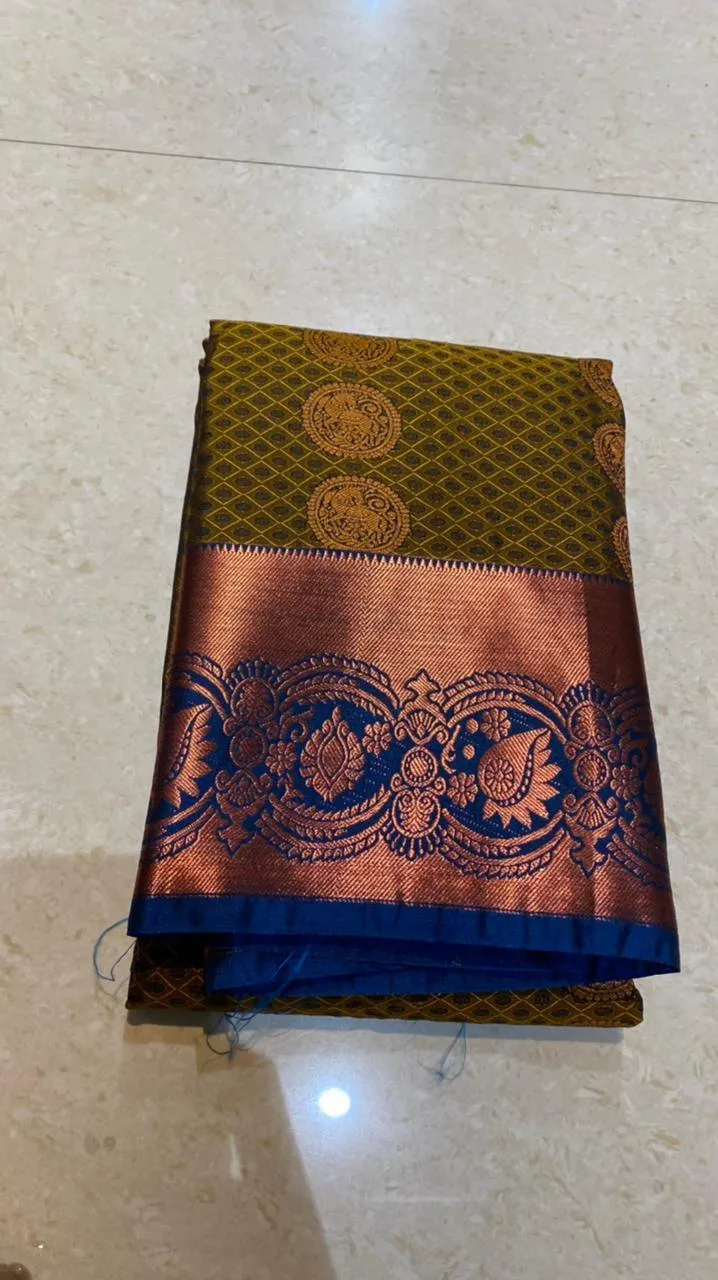 Mehandi green deep blue semi silk saree with blouse