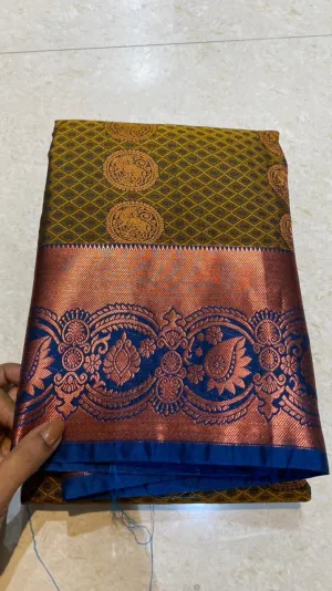 Mehandi green deep blue semi silk saree with blouse