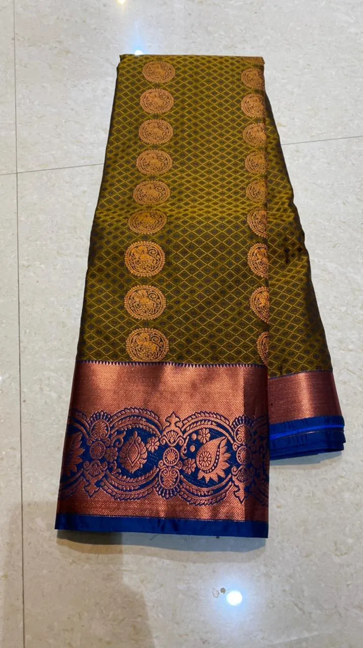 Mehandi green deep blue semi silk saree with blouse