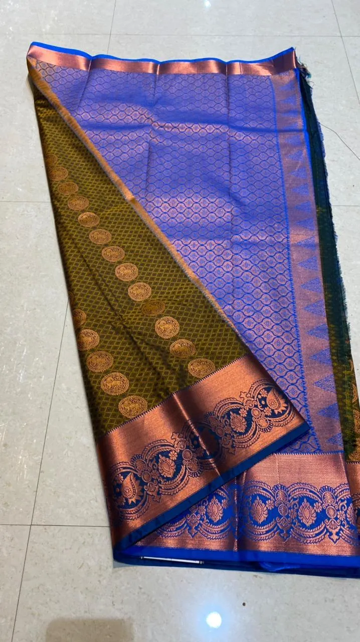 Mehandi green deep blue semi silk saree with blouse