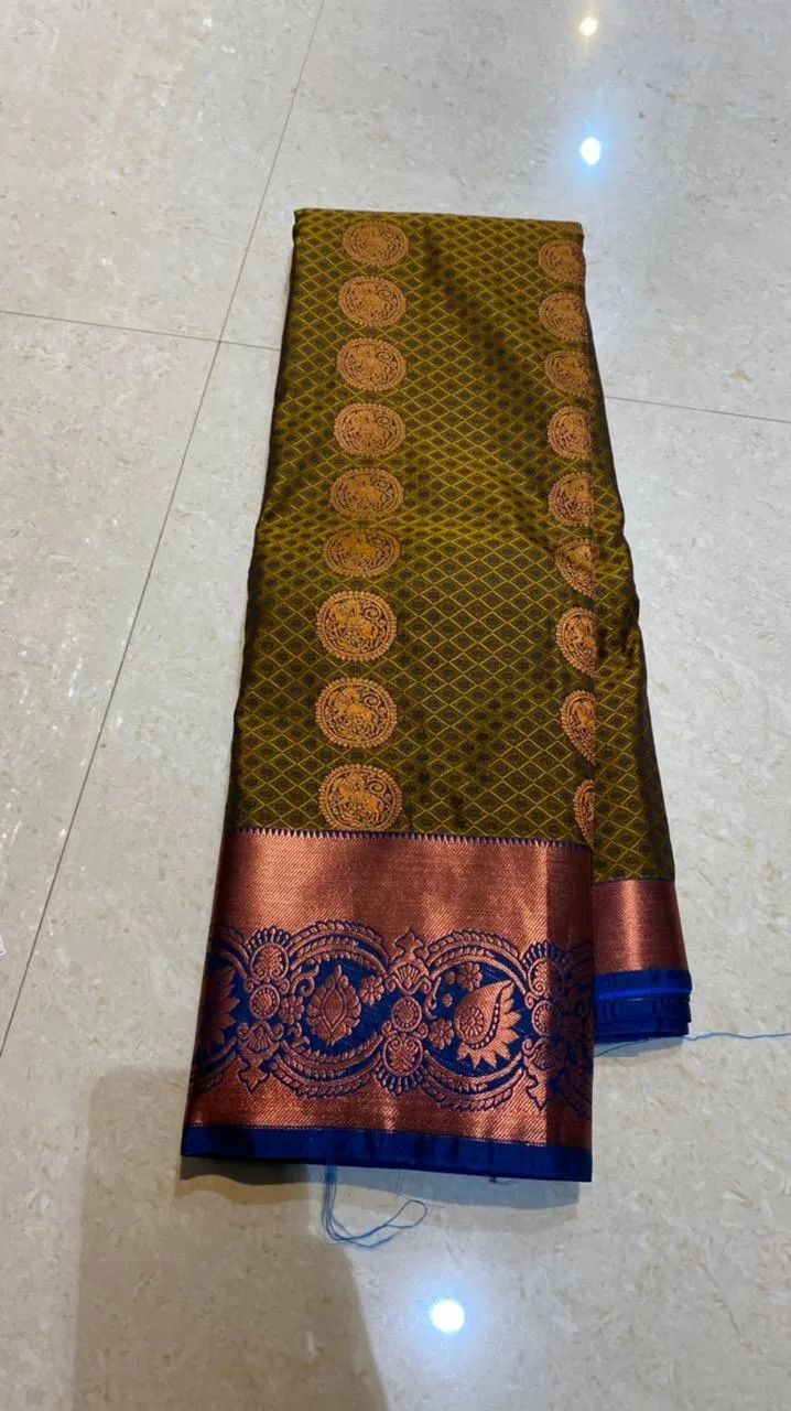 Mehandi green deep blue semi silk saree with blouse