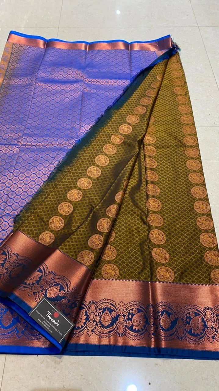 Mehandi green deep blue semi silk saree with blouse