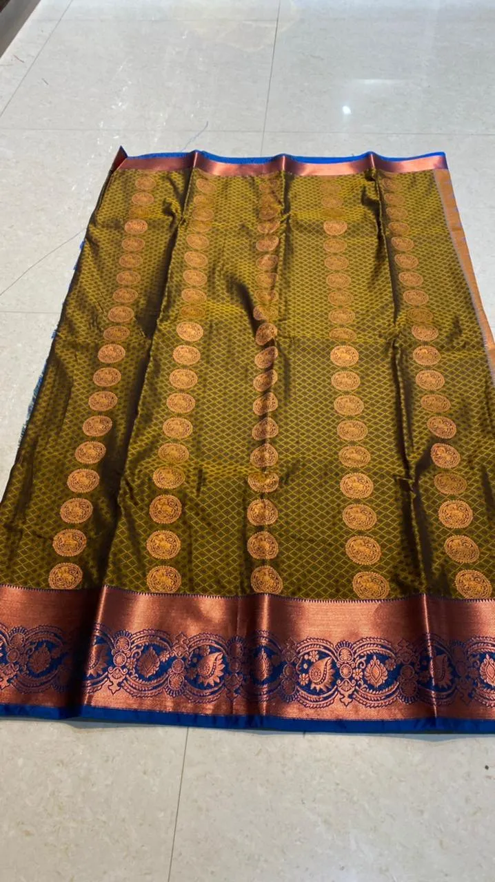 Mehandi green deep blue semi silk saree with blouse