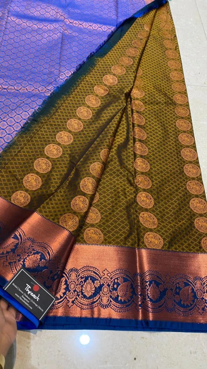 Mehandi green deep blue semi silk saree with blouse