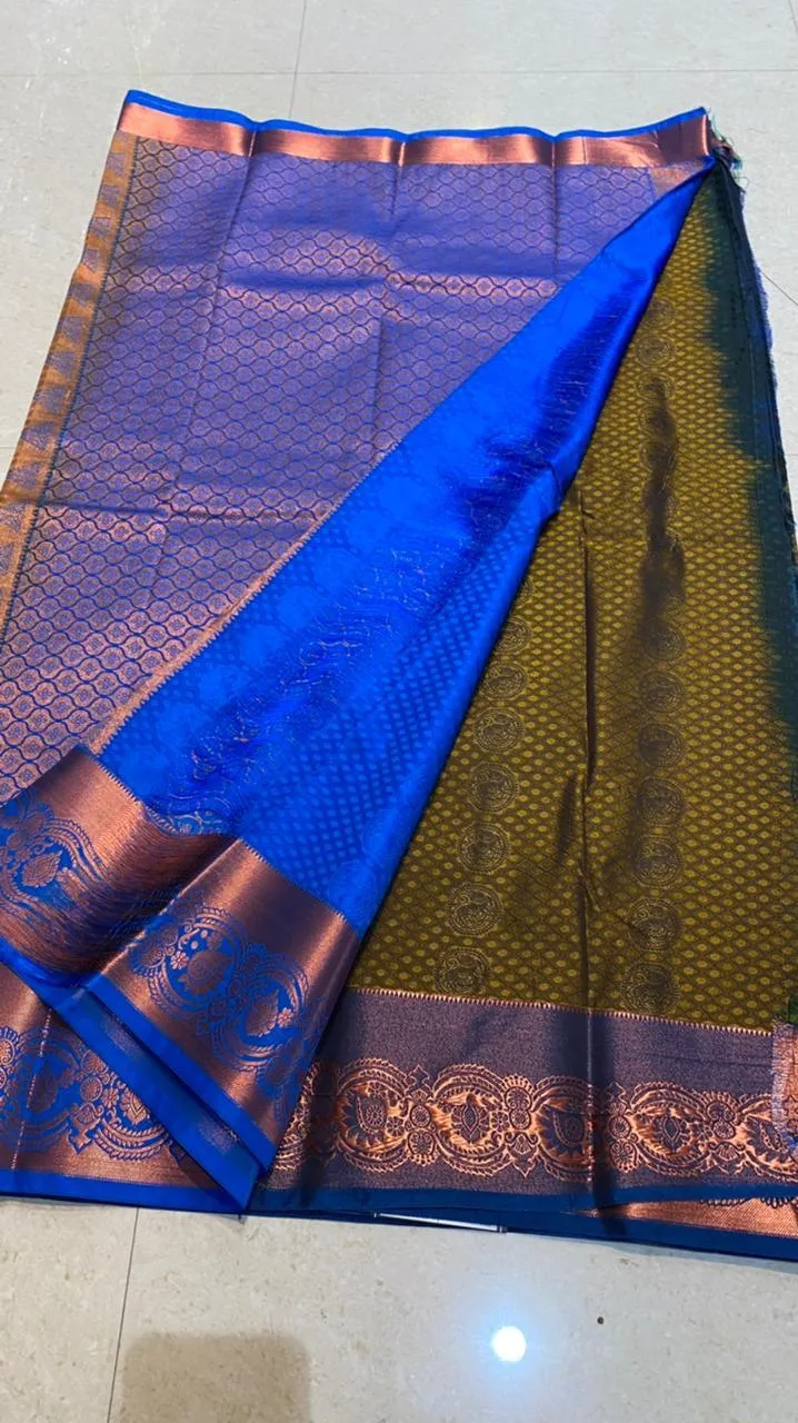 Mehandi green deep blue semi silk saree with blouse