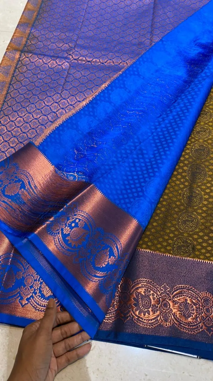 Mehandi green deep blue semi silk saree with blouse