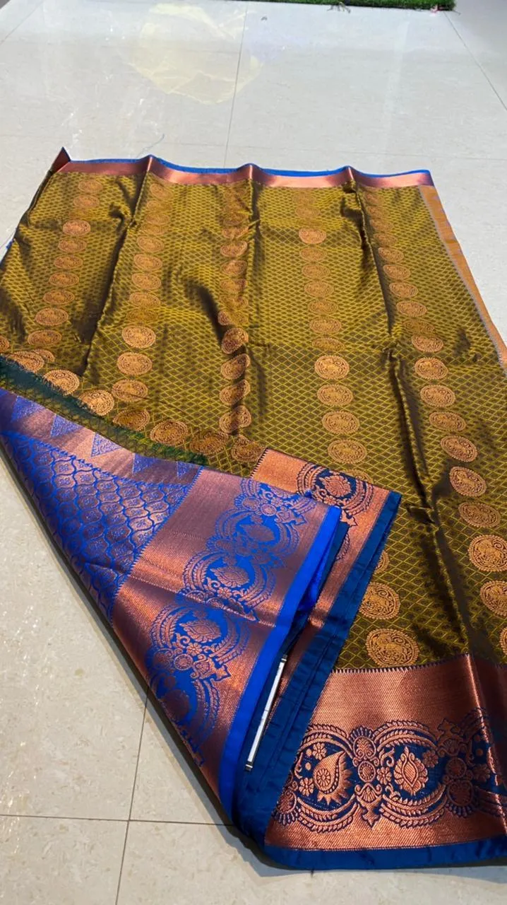 Mehandi green deep blue semi silk saree with blouse