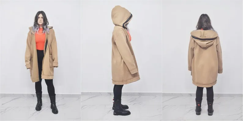 Oversized Asymmetrical Front Cut Long Hooded Leather Stitched Edge Cardigan / Cloak Cosplay Cape