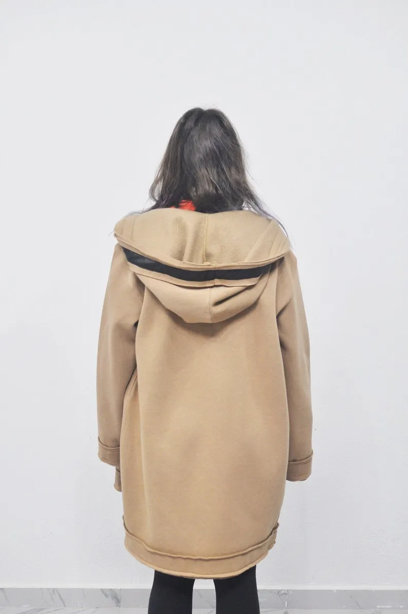 Oversized Asymmetrical Front Cut Long Hooded Leather Stitched Edge Cardigan / Cloak Cosplay Cape