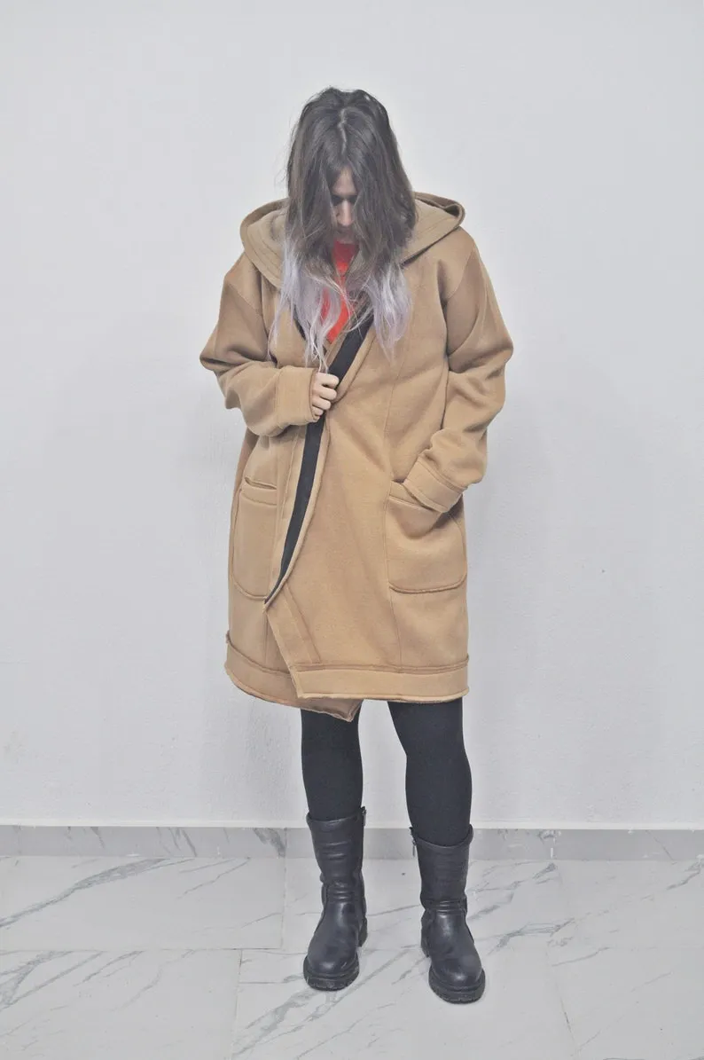 Oversized Asymmetrical Front Cut Long Hooded Leather Stitched Edge Cardigan / Cloak Cosplay Cape