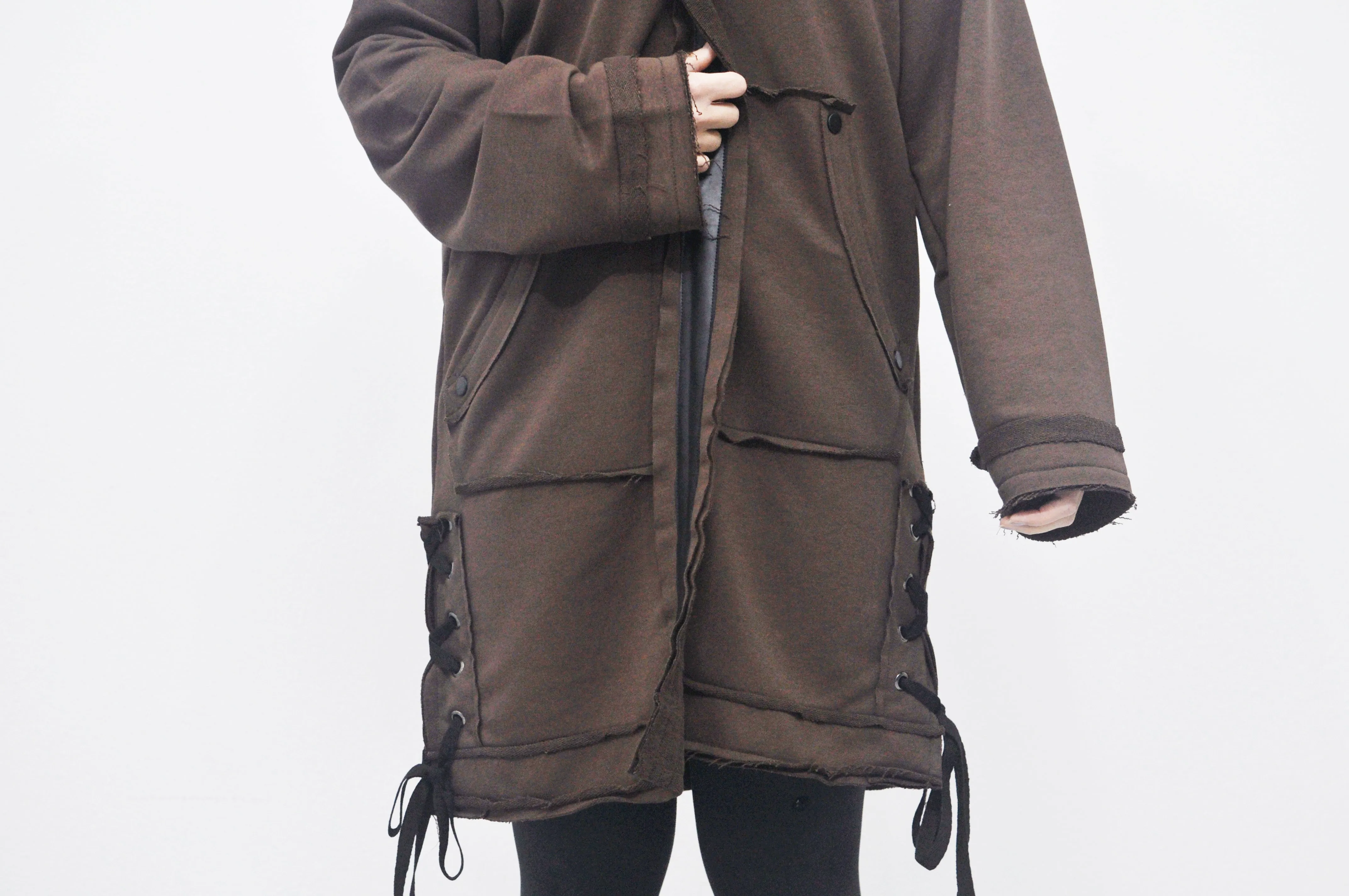 Oversized Hooded Long Leather Stitched Edge Drawstring Tied Up Cardigan / Cloak Cosplay Cape