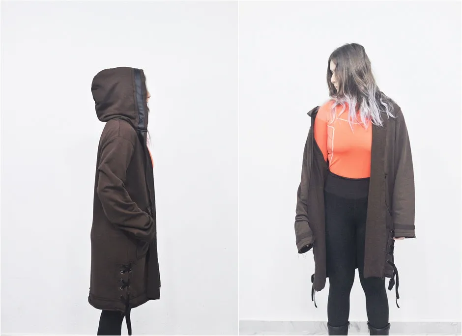 Oversized Hooded Long Leather Stitched Edge Drawstring Tied Up Cardigan / Cloak Cosplay Cape