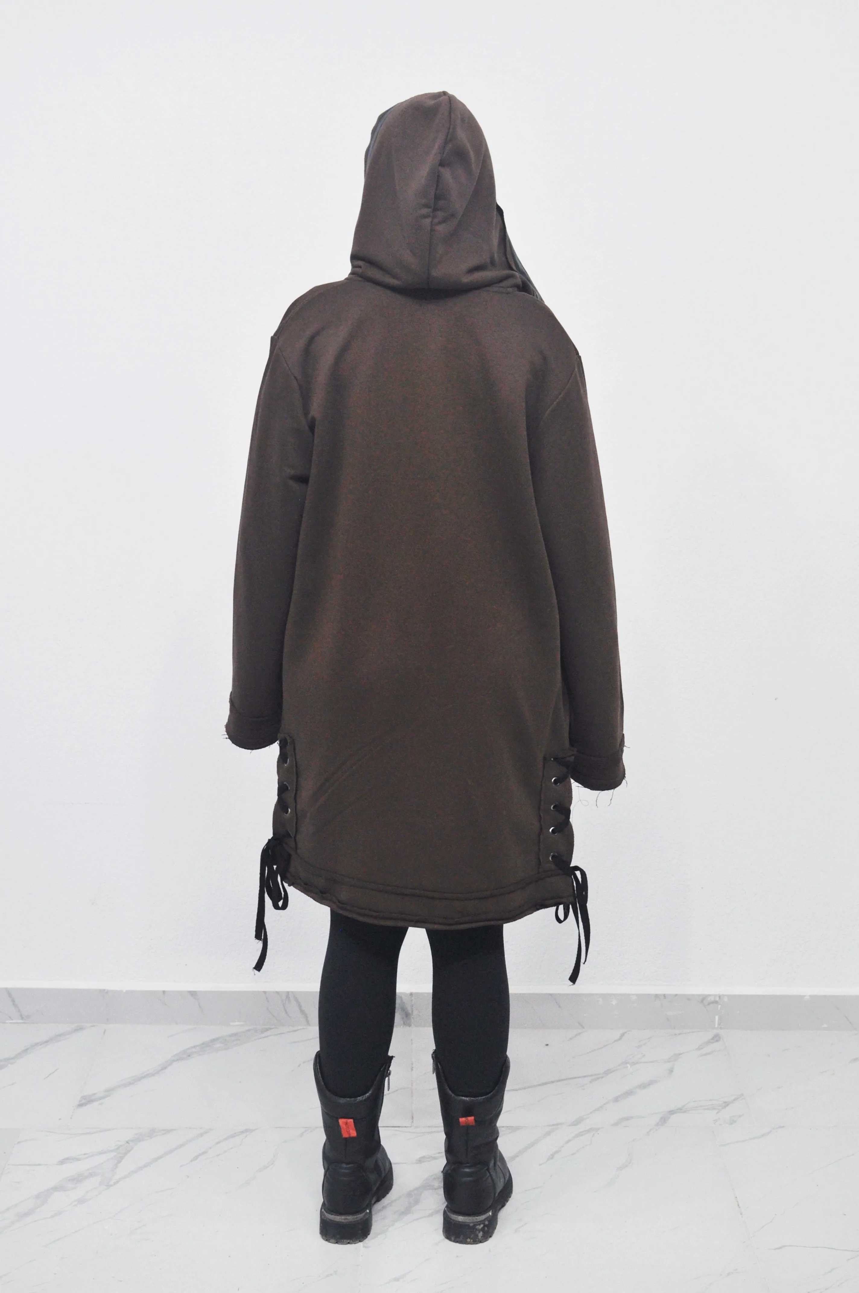 Oversized Hooded Long Leather Stitched Edge Drawstring Tied Up Cardigan / Cloak Cosplay Cape