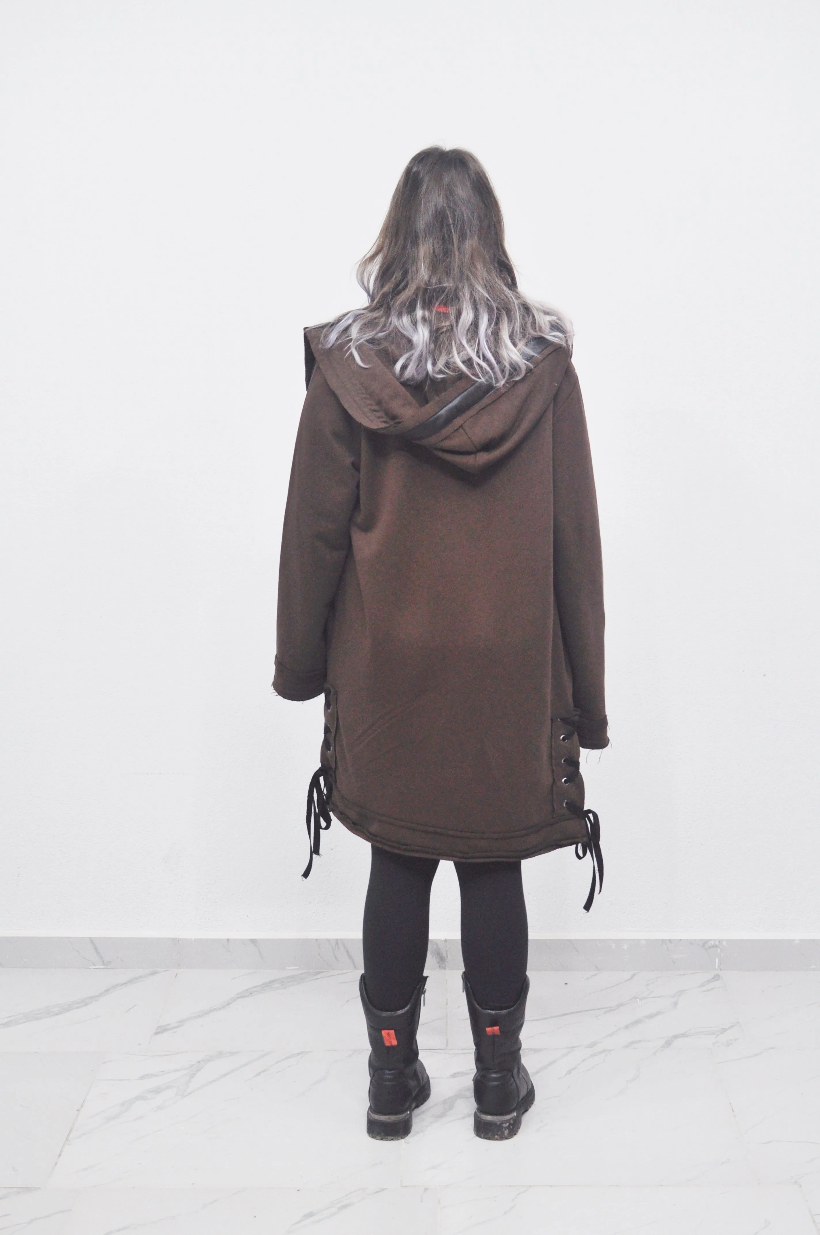 Oversized Hooded Long Leather Stitched Edge Drawstring Tied Up Cardigan / Cloak Cosplay Cape