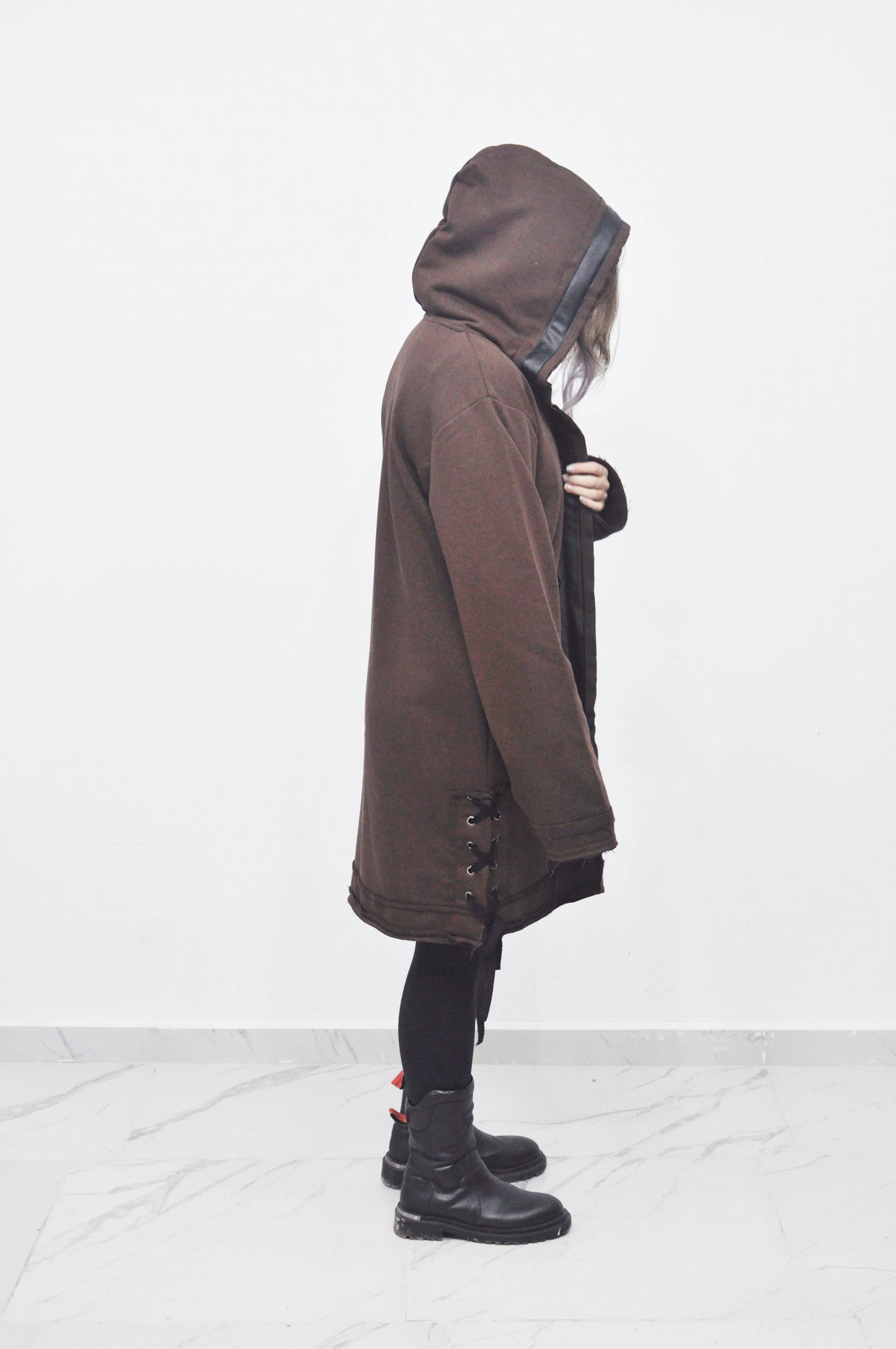 Oversized Hooded Long Leather Stitched Edge Drawstring Tied Up Cardigan / Cloak Cosplay Cape