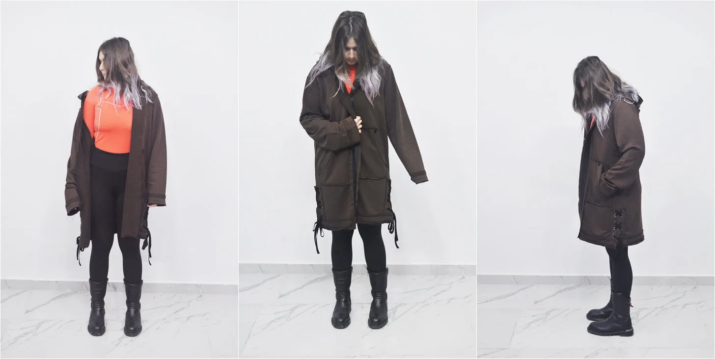 Oversized Hooded Long Leather Stitched Edge Drawstring Tied Up Cardigan / Cloak Cosplay Cape