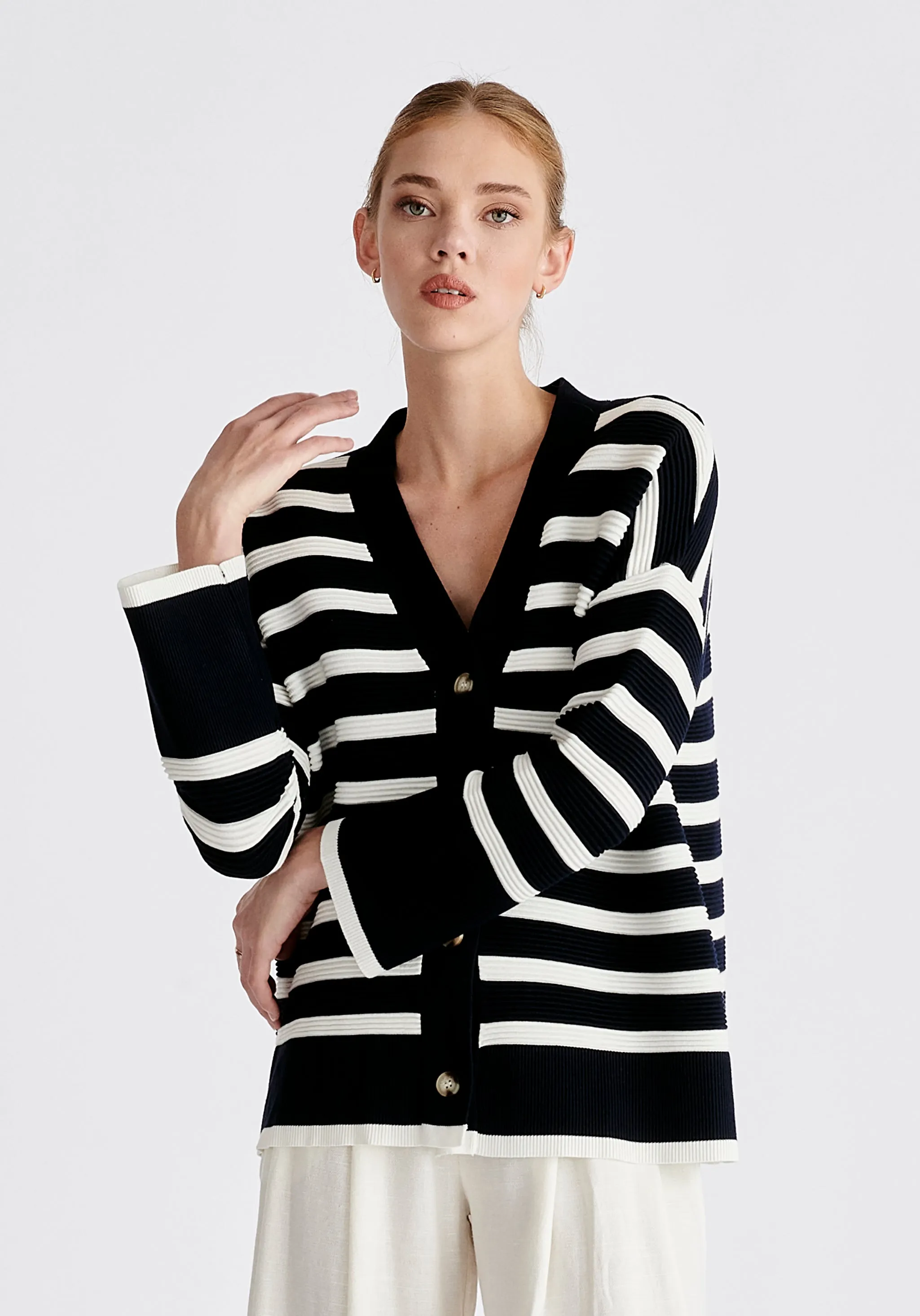 Paisie Striped Ribbed Cardigan