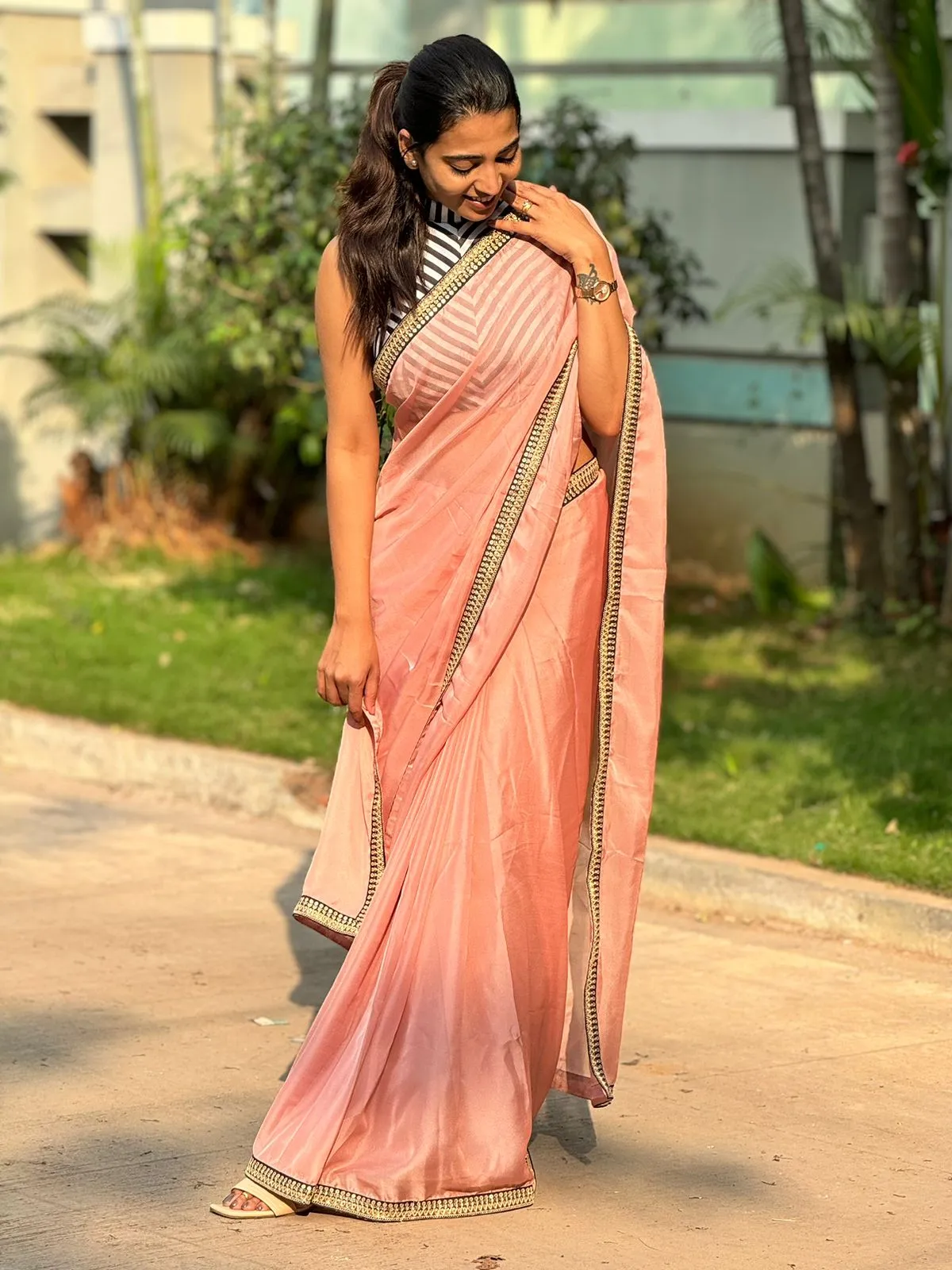 Peach organza saree with satin blouse