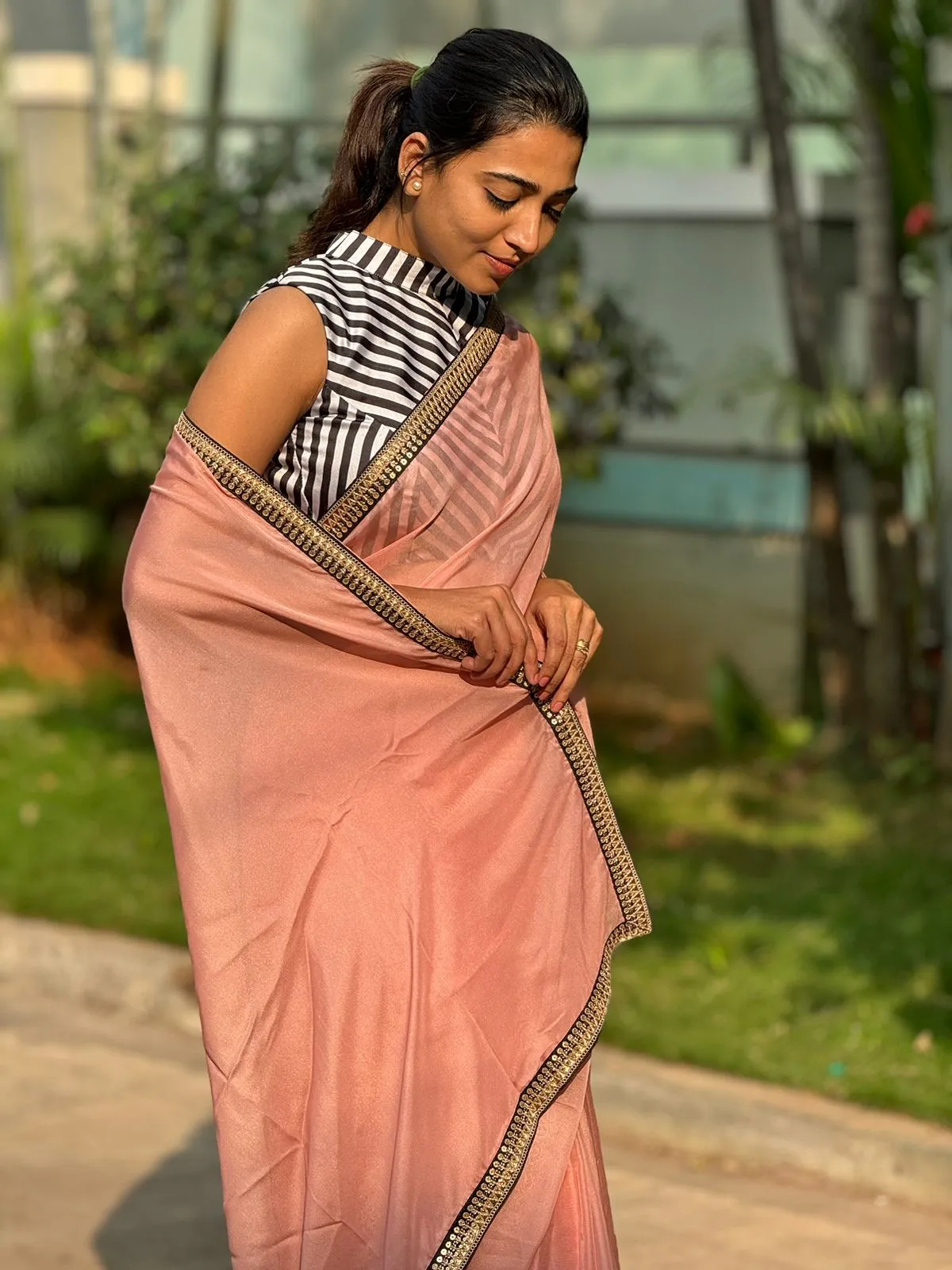 Peach organza saree with satin blouse