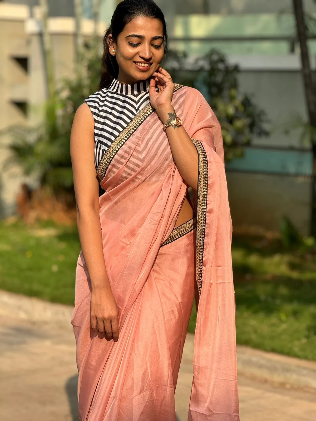 Peach organza saree with satin blouse