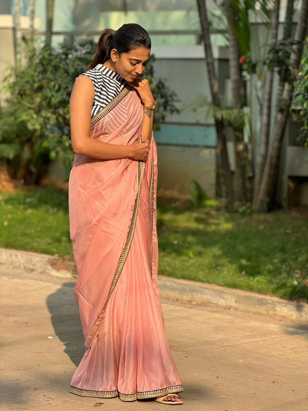 Peach organza saree with satin blouse