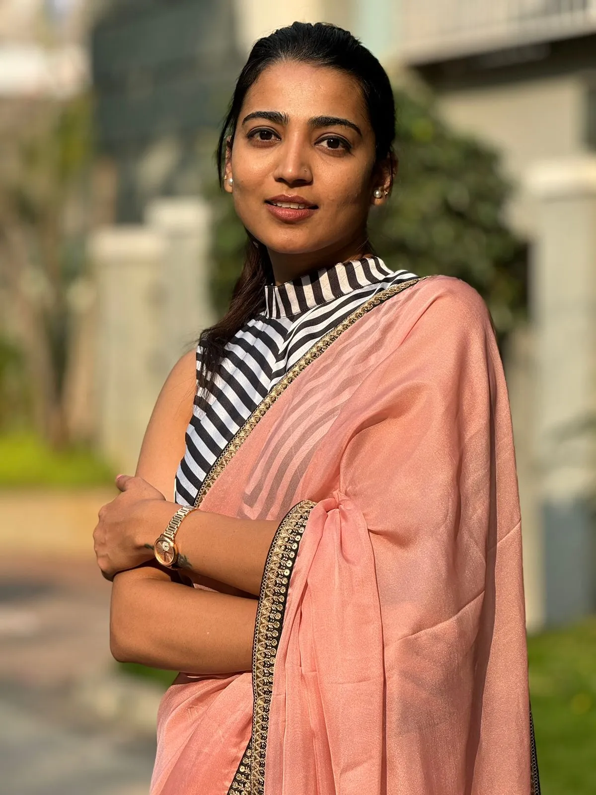 Peach organza saree with satin blouse