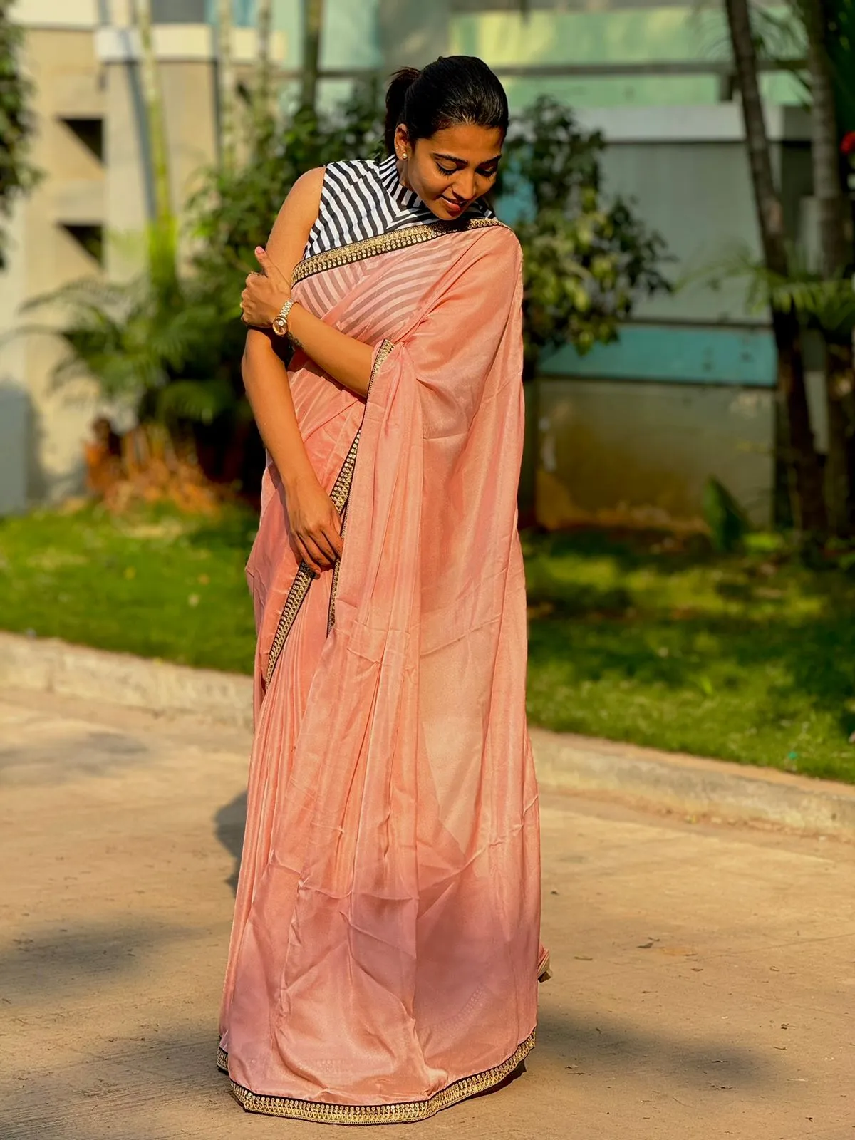 Peach organza saree with satin blouse