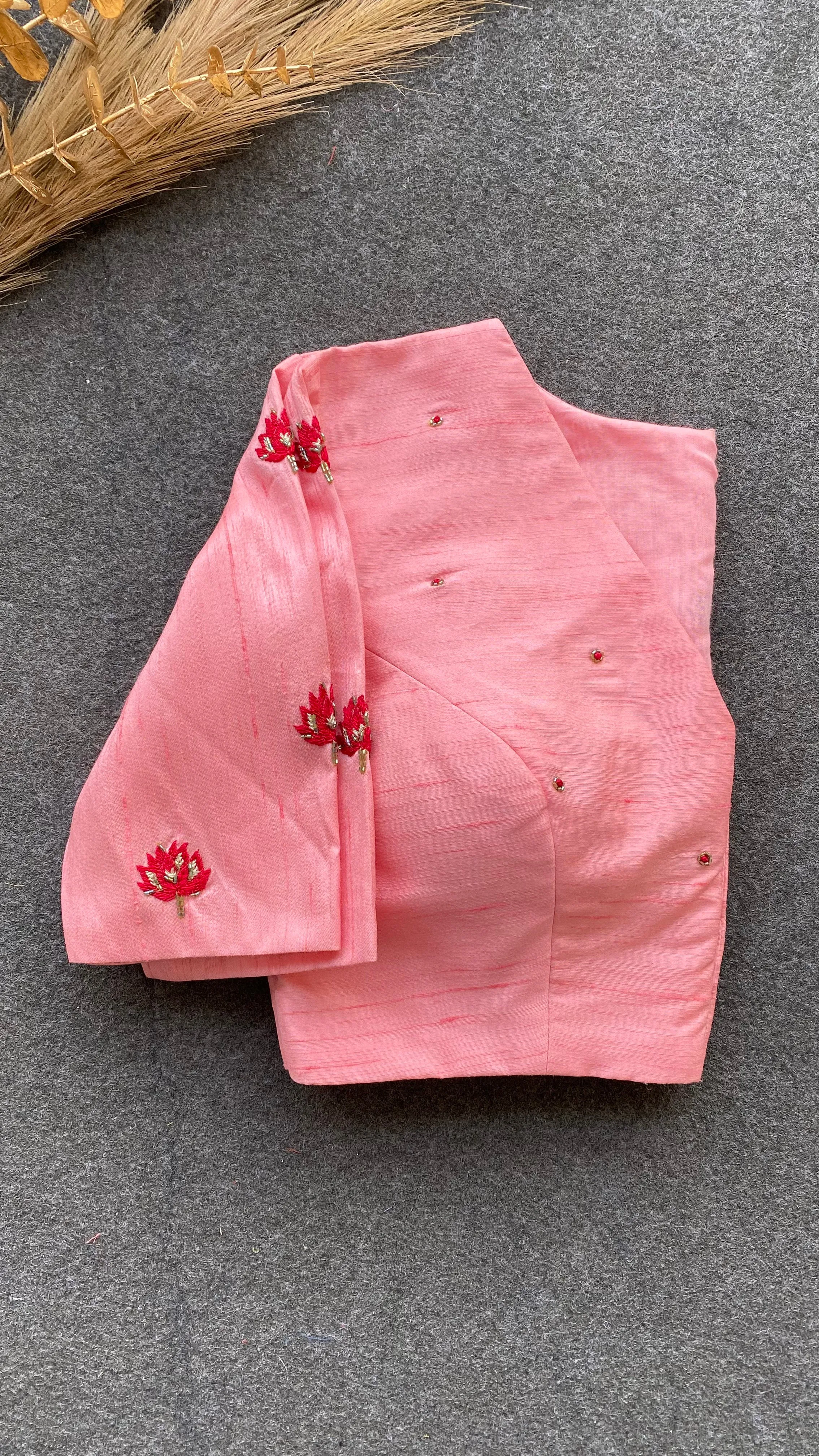 Peach silk intricate floral hand work blouse