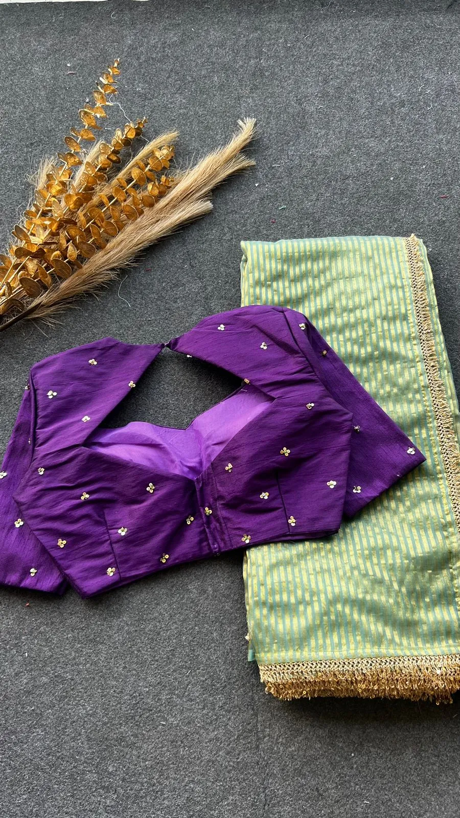 Pista green stripped tissue saree with purple hand worked blouse