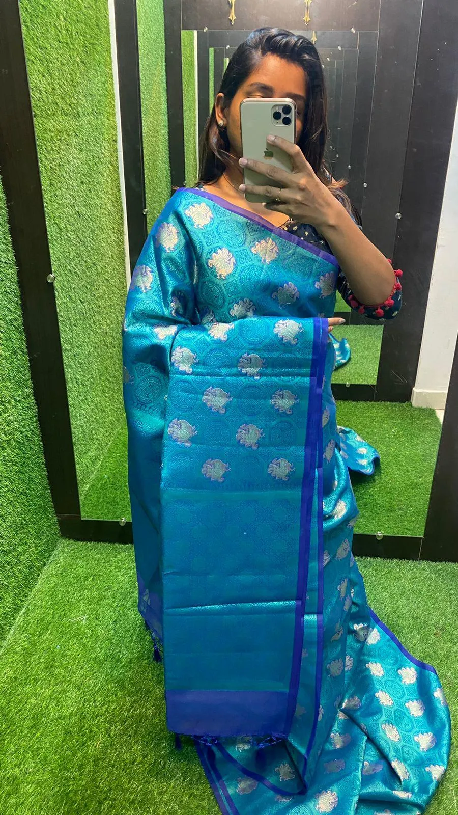 Prussian blue silk saree with blouse