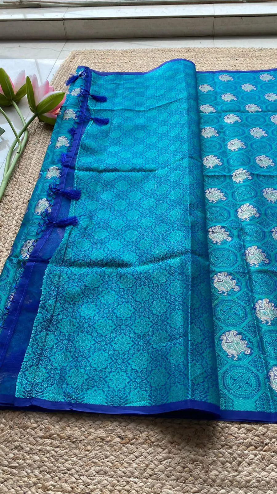 Prussian blue silk saree with blouse