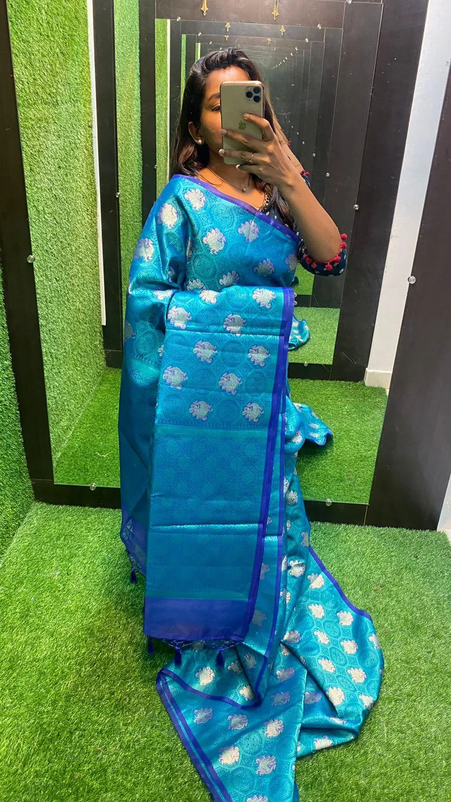 Prussian blue silk saree with blouse