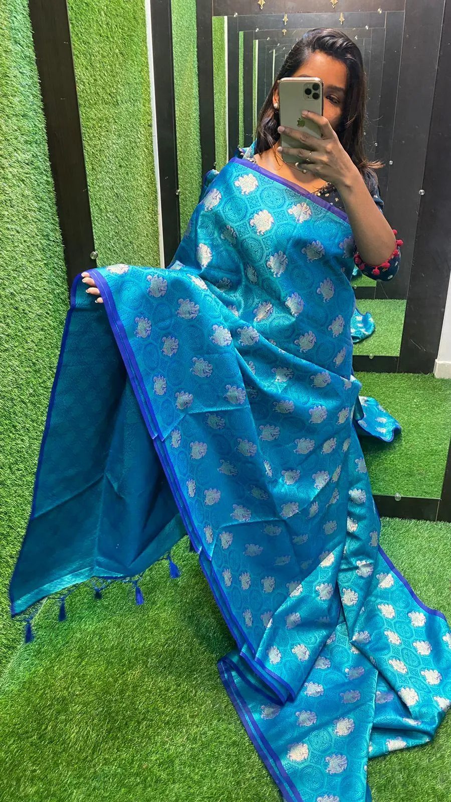 Prussian blue silk saree with blouse