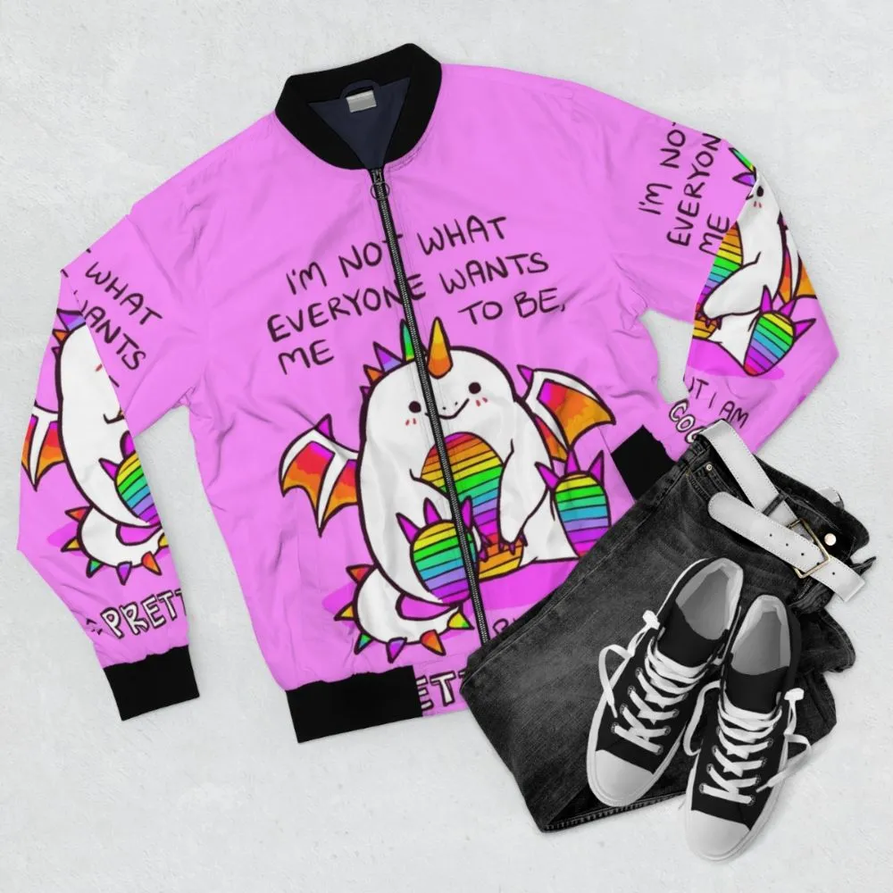 "Embrace Your Unique Self" Rainbow Dragon Bomber Jacket